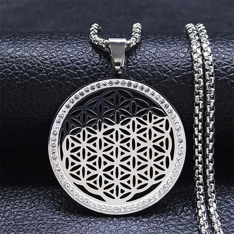 Flower of Life Stainless Steel Chakras Chain Women Men Necklace Metatron Cube Sacred Geometry Symbol Jewelry Fleur De Vie N4833