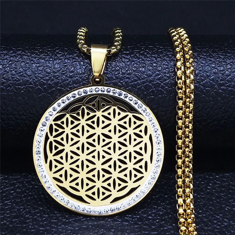 Flower of Life Stainless Steel Chakras Chain Women Men Necklace Metatron Cube Sacred Geometry Symbol Jewelry Fleur De Vie N4833