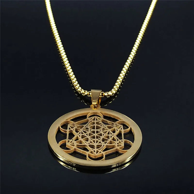 Flower of Life Stainless Steel Chakras Chain Women Men Necklace Metatron Cube Sacred Geometry Symbol Jewelry Fleur De Vie N4833