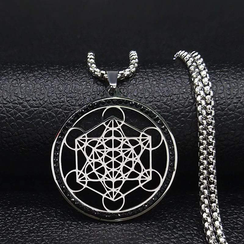 Flower of Life Stainless Steel Chakras Chain Women Men Necklace Metatron Cube Sacred Geometry Symbol Jewelry Fleur De Vie N4833