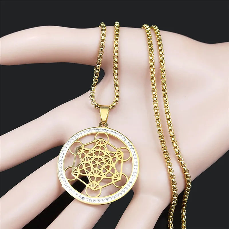 Flower of Life Stainless Steel Chakras Chain Women Men Necklace Metatron Cube Sacred Geometry Symbol Jewelry Fleur De Vie N4833