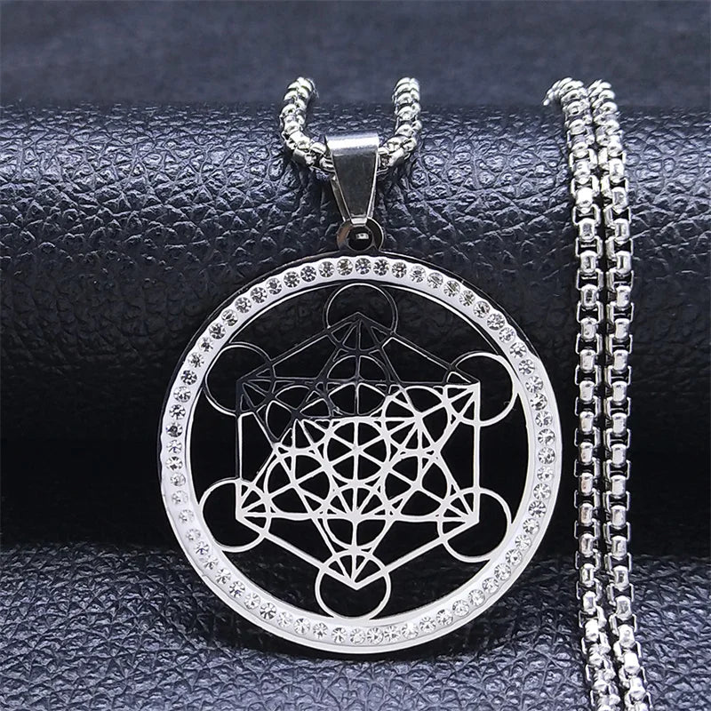Flower of Life Stainless Steel Chakras Chain Women Men Necklace Metatron Cube Sacred Geometry Symbol Jewelry Fleur De Vie N4833