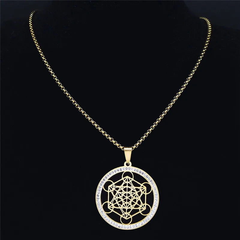 Flower of Life Stainless Steel Chakras Chain Women Men Necklace Metatron Cube Sacred Geometry Symbol Jewelry Fleur De Vie N4833