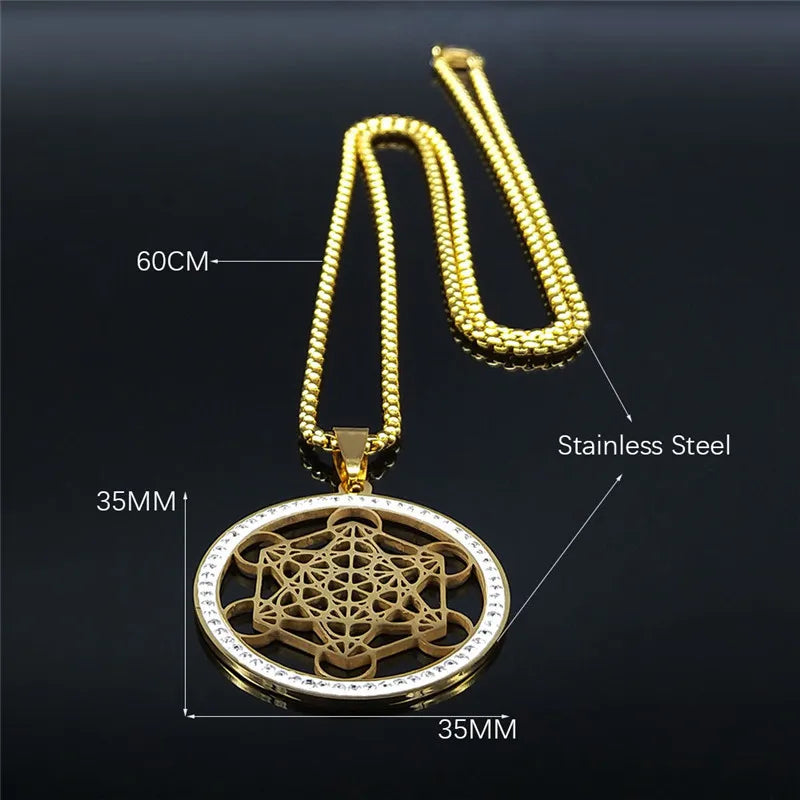 Flower of Life Stainless Steel Chakras Chain Women Men Necklace Metatron Cube Sacred Geometry Symbol Jewelry Fleur De Vie N4833