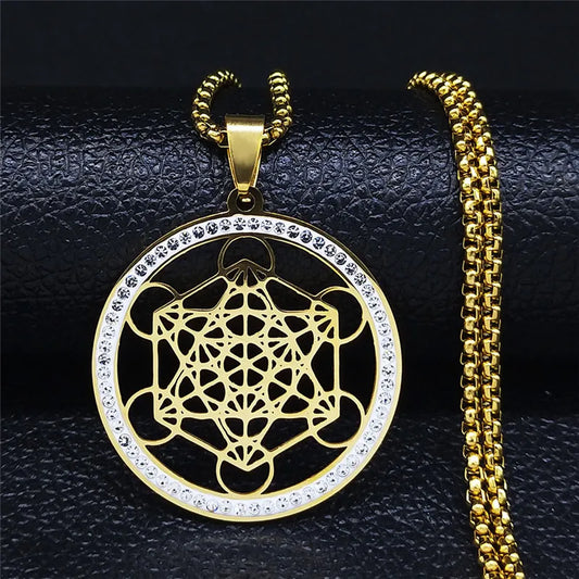Flower of Life Stainless Steel Chakras Chain Women Men Necklace Metatron Cube Sacred Geometry Symbol Jewelry Fleur De Vie N4833