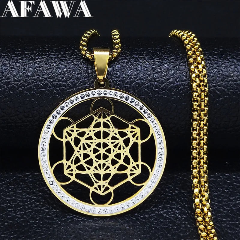Flower of Life Stainless Steel Chakras Chain Women Men Necklace Metatron Cube Sacred Geometry Symbol Jewelry Fleur De Vie N4833