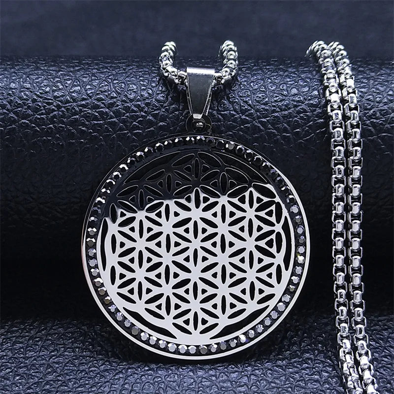 Flower of Life Stainless Steel Chakras Chain Women Men Necklace Metatron Cube Sacred Geometry Symbol Jewelry Fleur De Vie N4833